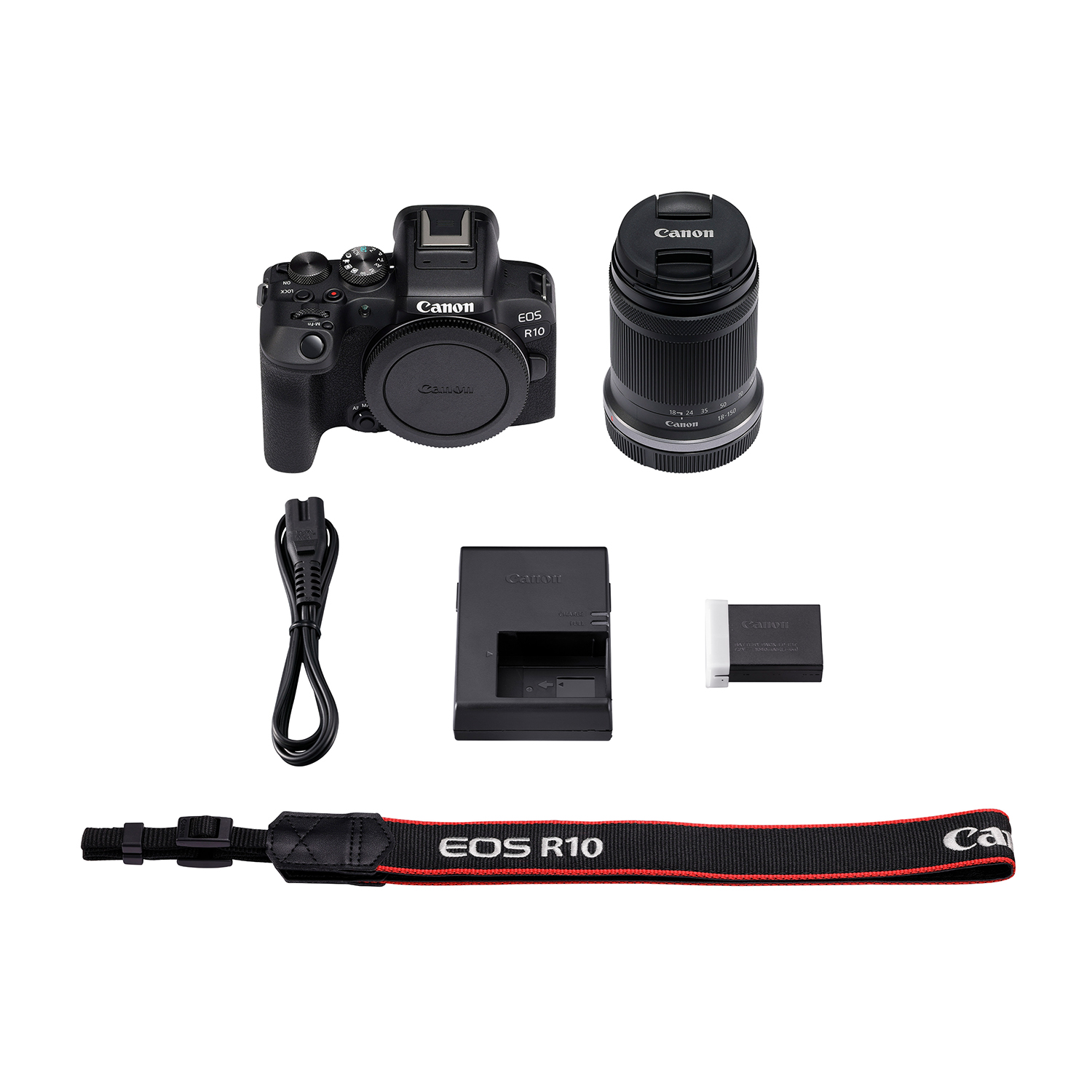 Kit fotocamera: corpo macchina, obiettivo, caricabatterie, batteria e cinturino. Bianco.