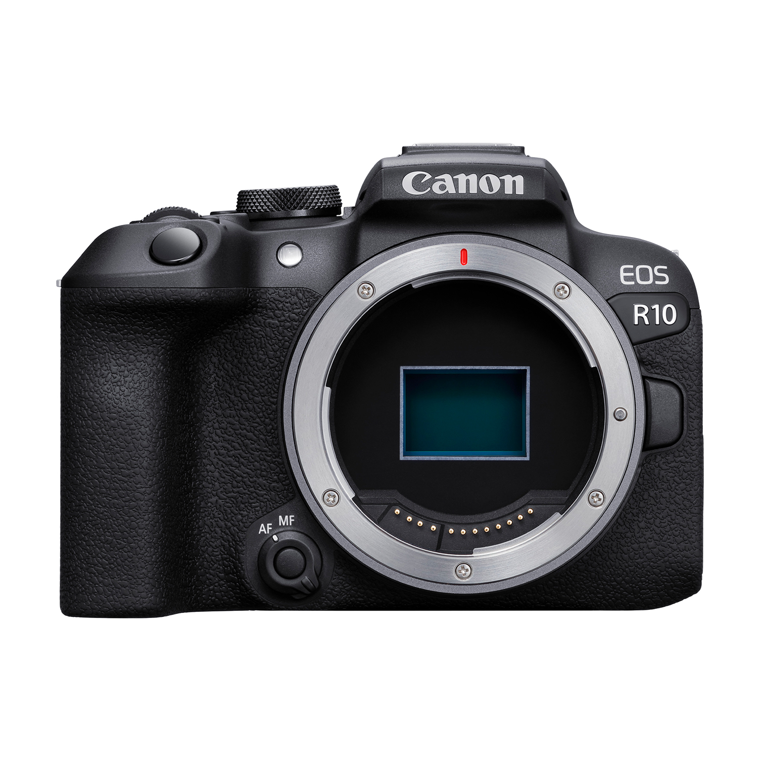 Fotocamera Canon EOS R10 nera con attacco obiettivo e punto rosso.