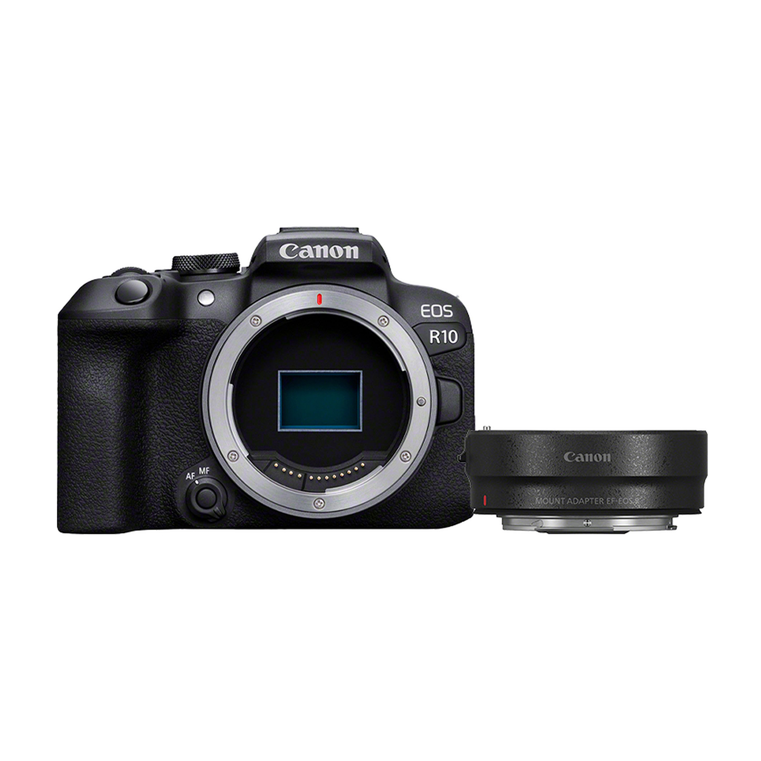 Fotocamera Canon EOS R10 nera con obiettivo. Sfondo bianco. Logo Canon visibile.