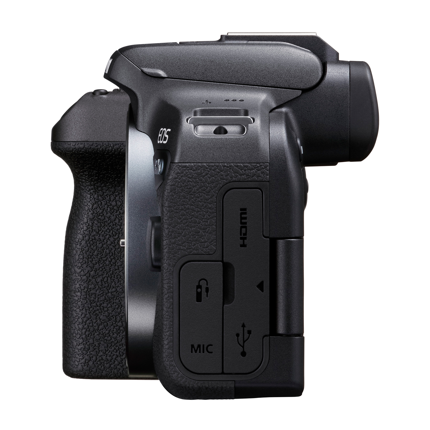 Una fotocamera nera con pulsanti, un'impugnatura e porte. Il logo Canon EOS è visibile.