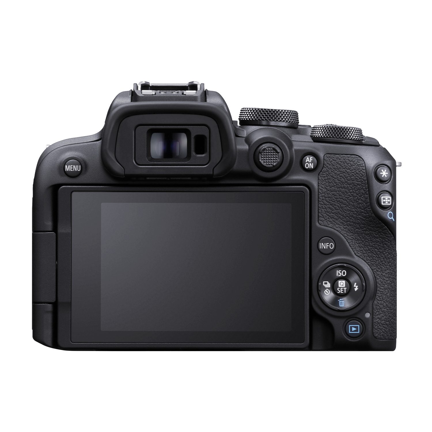 Fotocamera nera con controlli e schermo sul retro. L'obiettivo è in alto.
