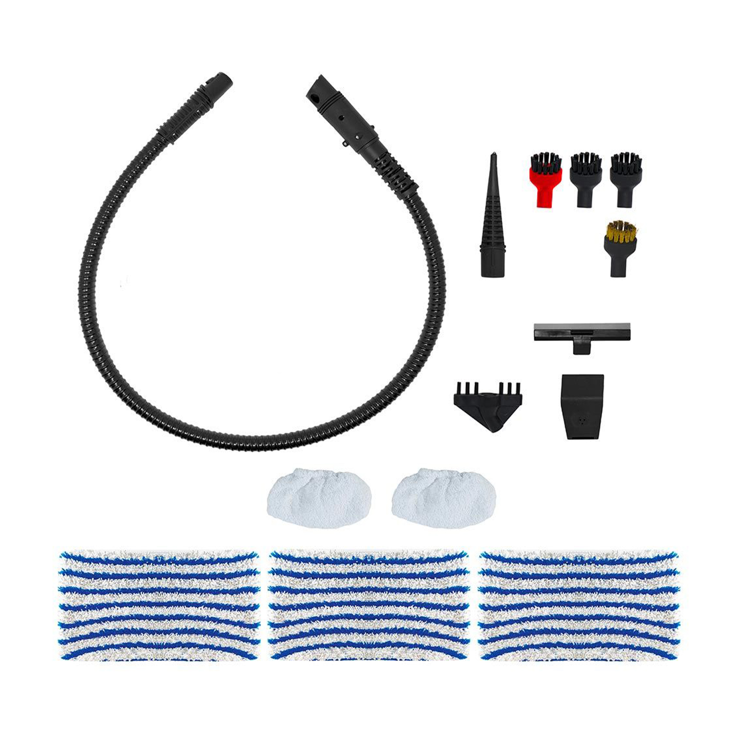 Un set di accessori per un pulitore a vapore, inclusi i panni.