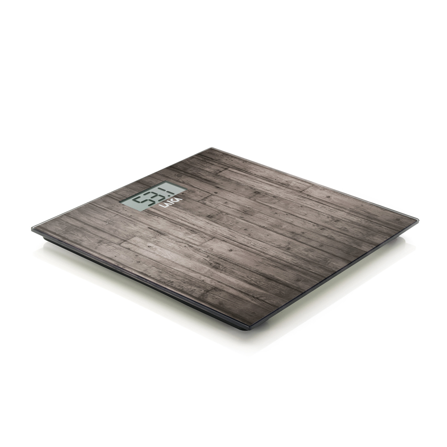 Una bilancia digitale da bagno con motivo a venature del legno, che mostra un peso di 53,1.