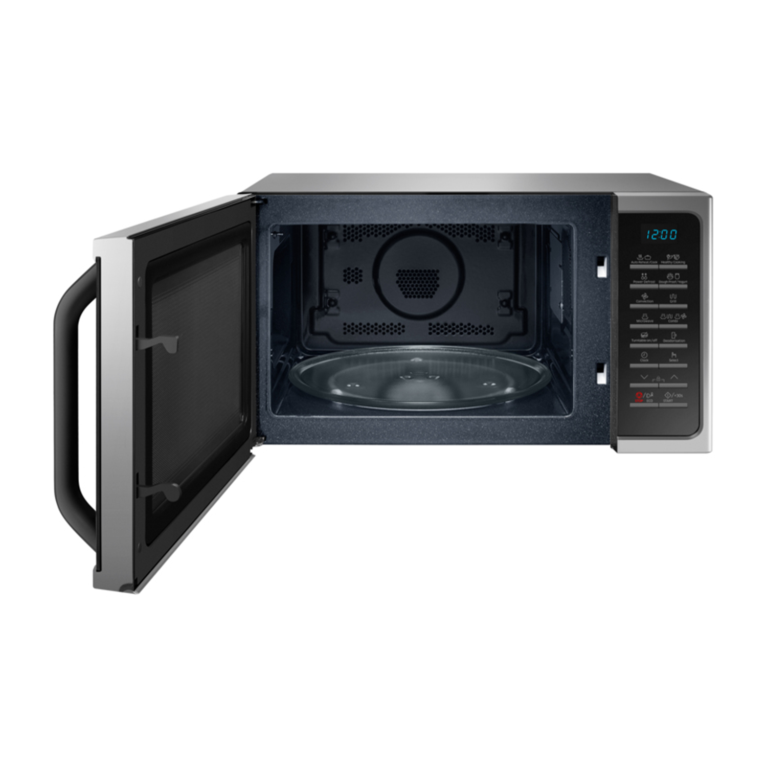 Un forno a microonde con la porta aperta, che mostra l'interno.