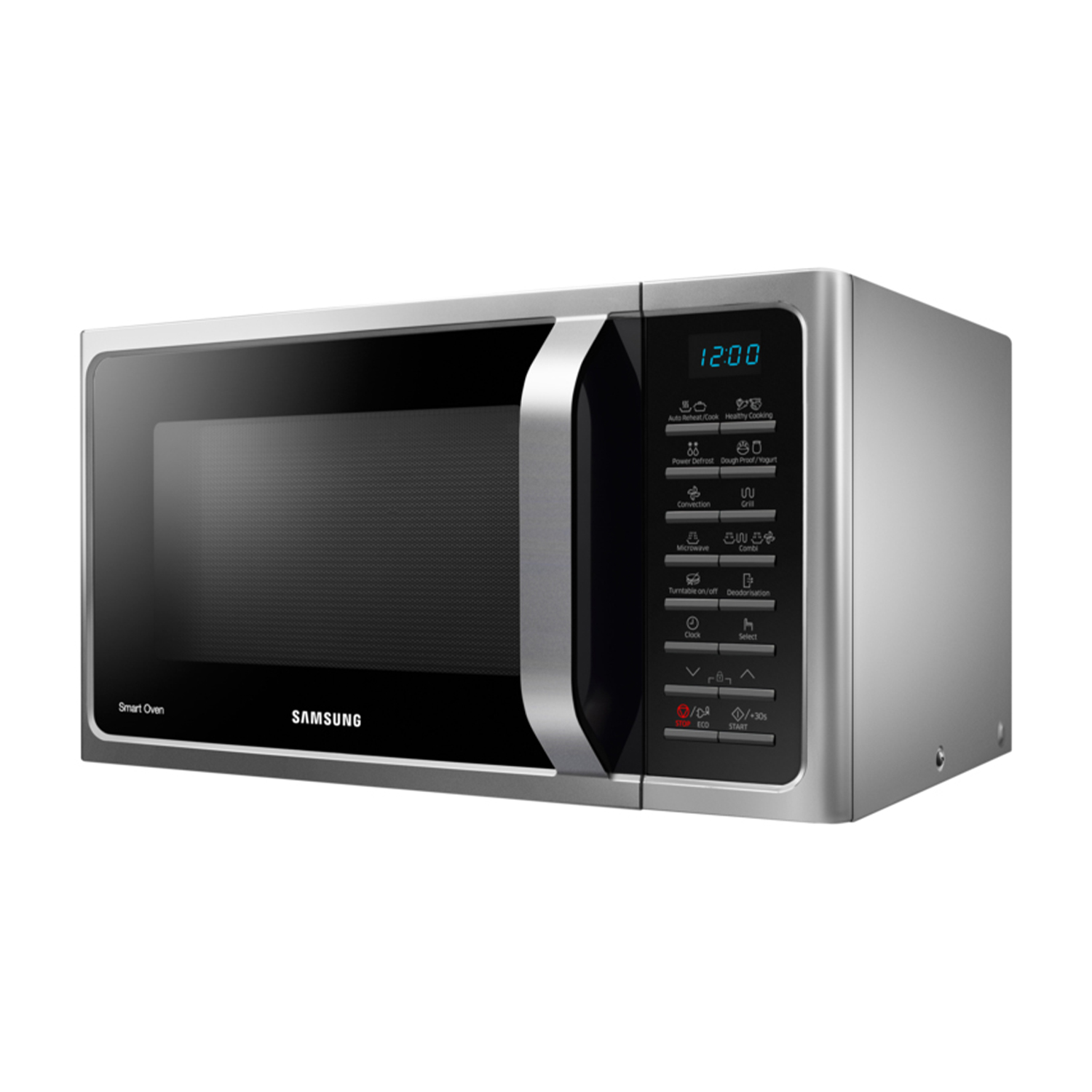 Un forno intelligente Samsung argentato con porta e pannello di controllo neri, su sfondo bianco.