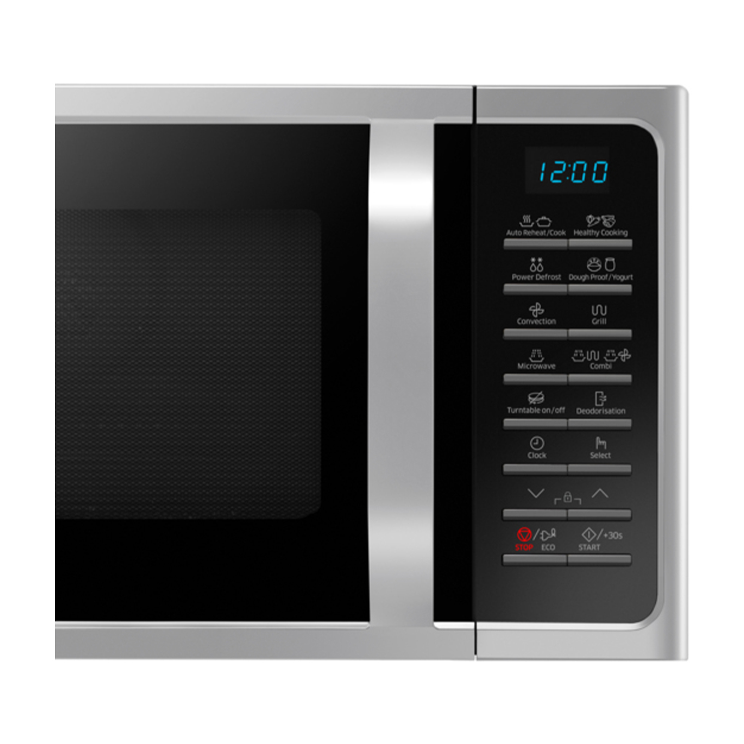 Primo piano di un forno a microonde argentato con display digitale.