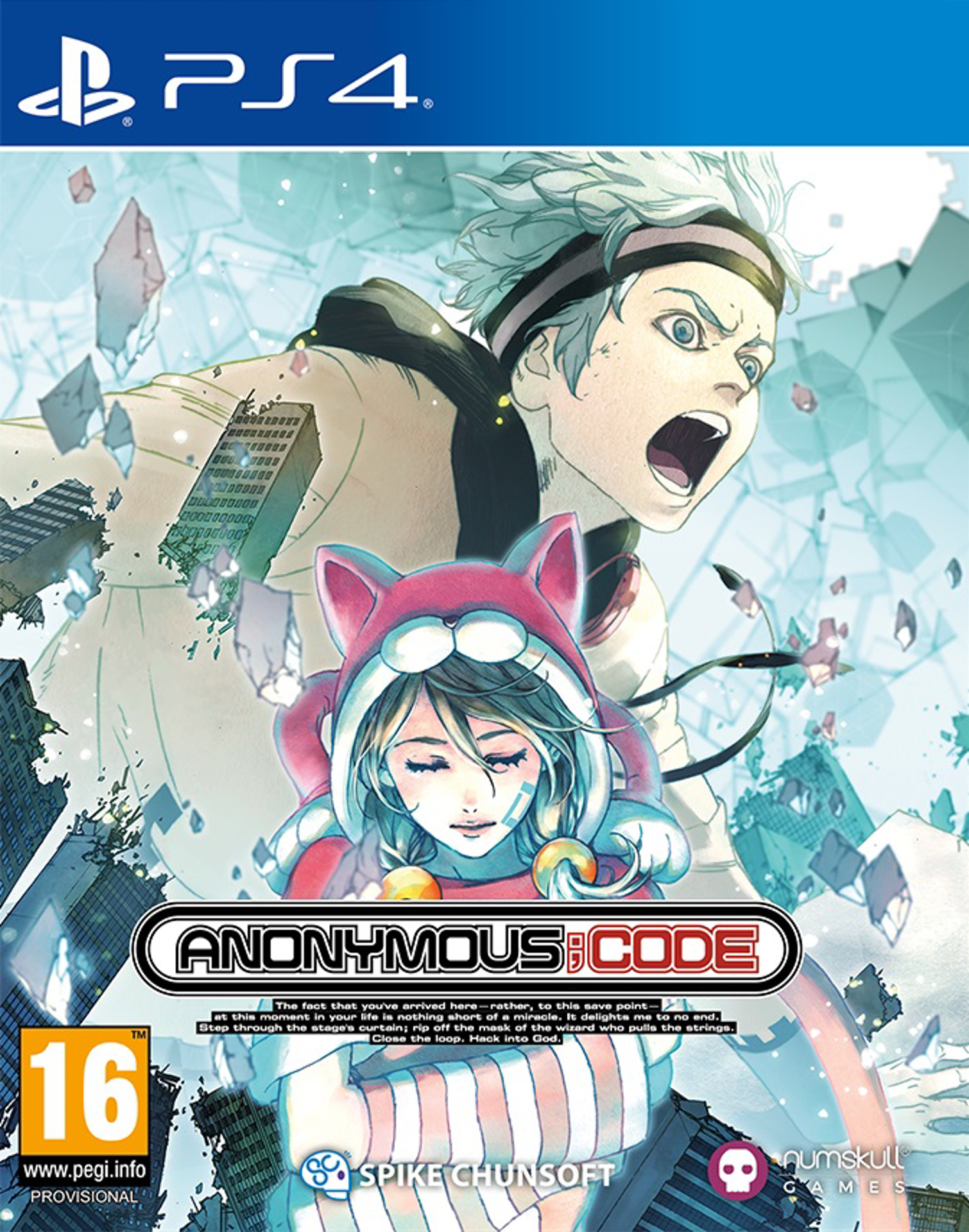 Anonymous;Code PS4-gamecover met personages in anime-stijl en een stadsachtergrond.