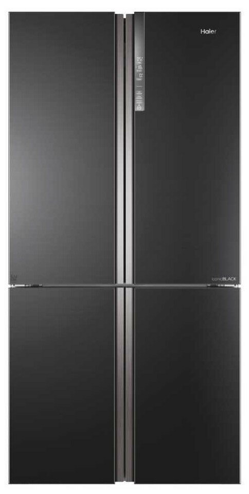 Czarna lodówka Haier z czterema drzwiami. Drzwi mają srebrne uchwyty i wyświetlacz po prawej stronie.