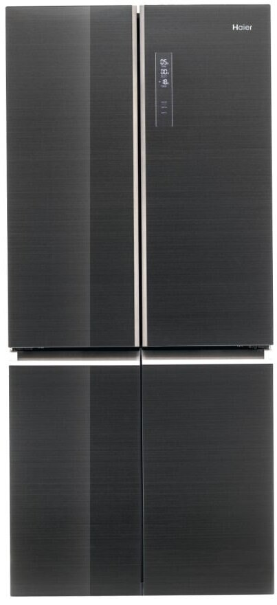 Czarna lodówka Haier z czterema drzwiami. Drzwi ciemne, wyświetlacz cyfrowy po prawej.