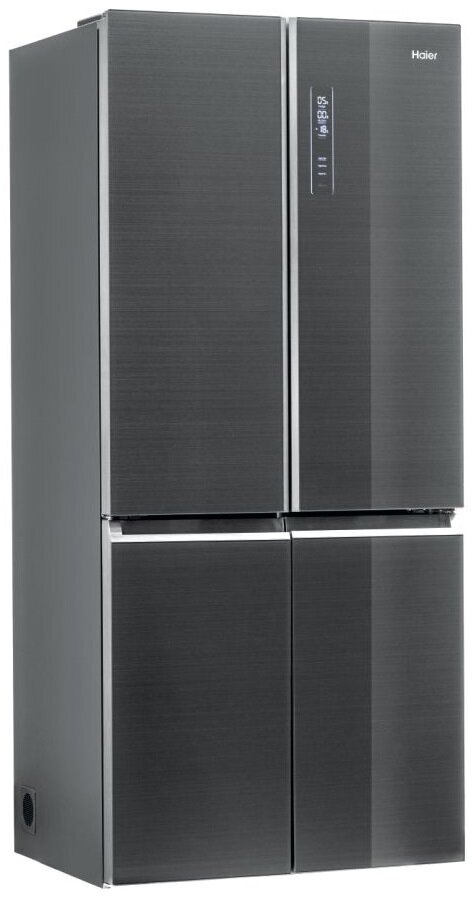 Czarna lodówka Haier z czterema drzwiami, na gładkim tle.