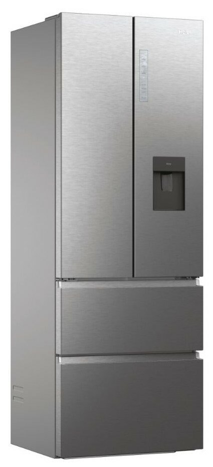 Srebrna lodówka z dwiema drzwiami na górze i dwiema szufladami na dole. Ma dozownik wody.