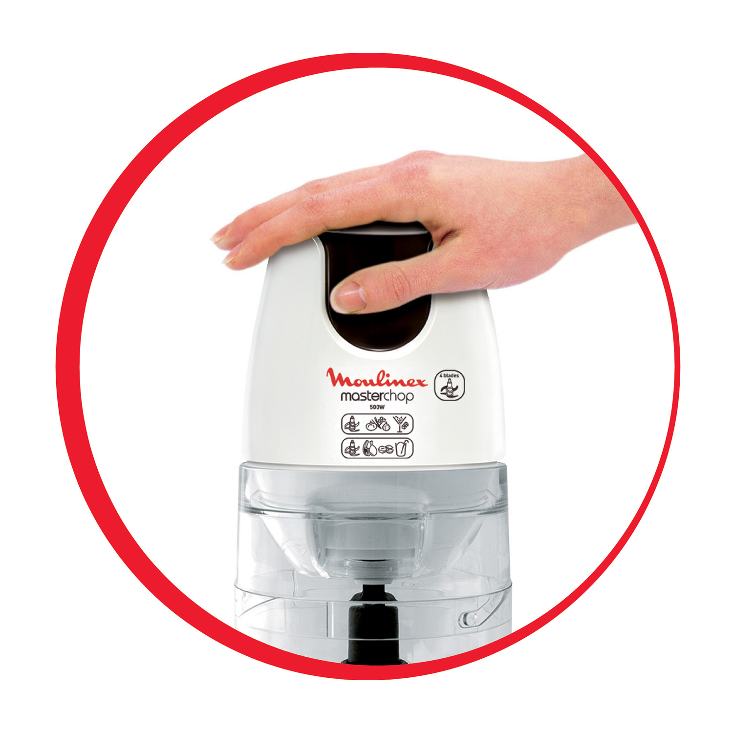 Robot da cucina Moulinex Masterchop bianco con una mano sopra. Cerchio rosso.