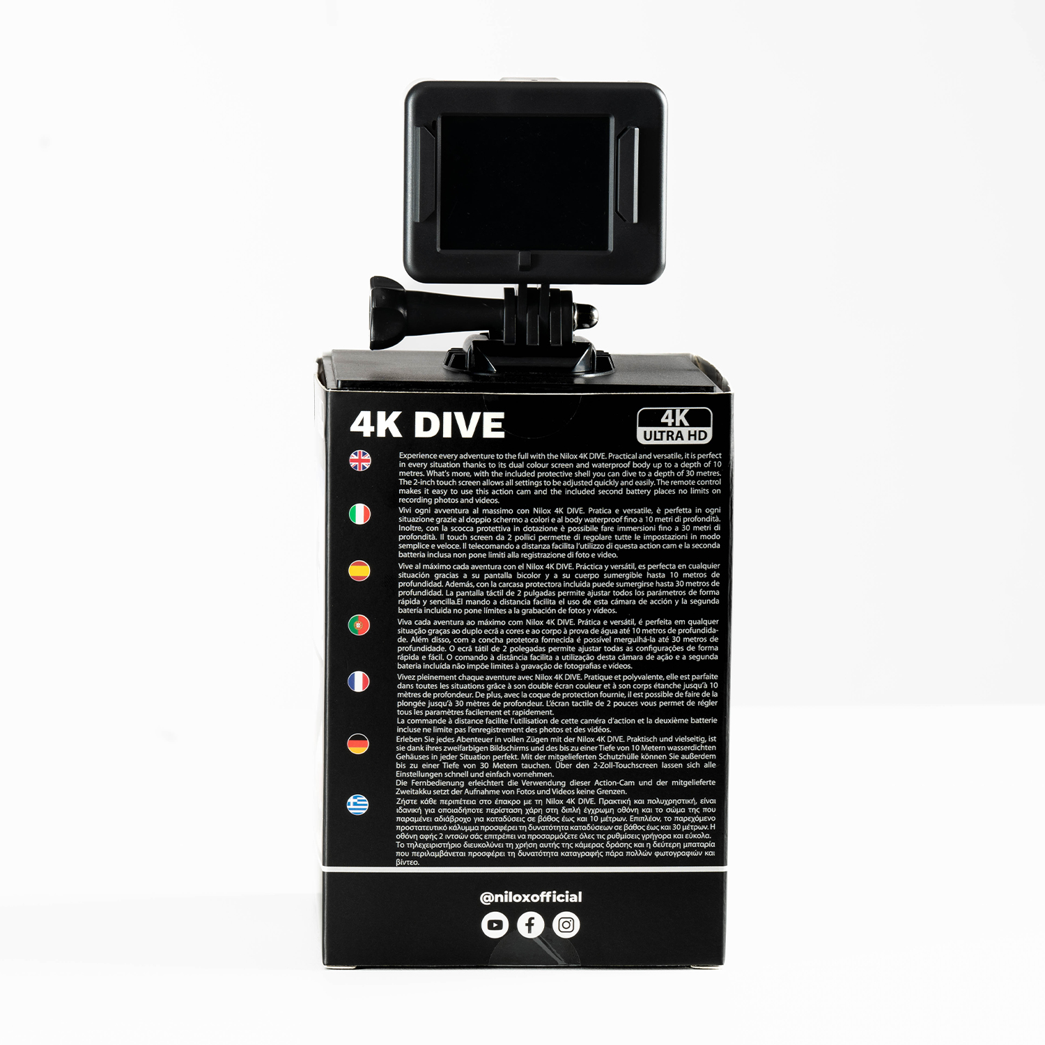 Scatola della fotocamera 4K Dive nera con testo e dettagli del prodotto.
