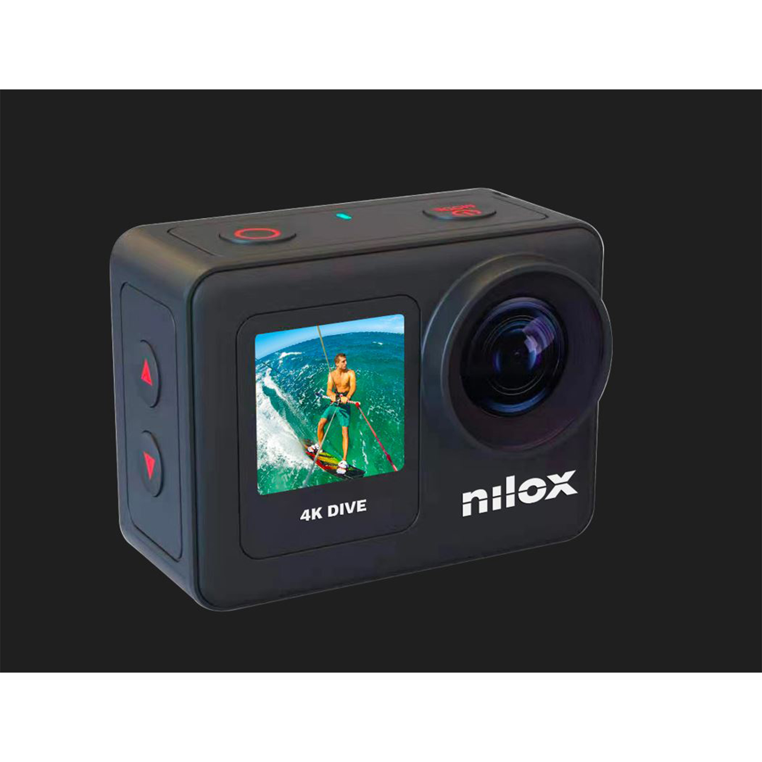 Action cam nera con persona che fa surf sullo schermo.