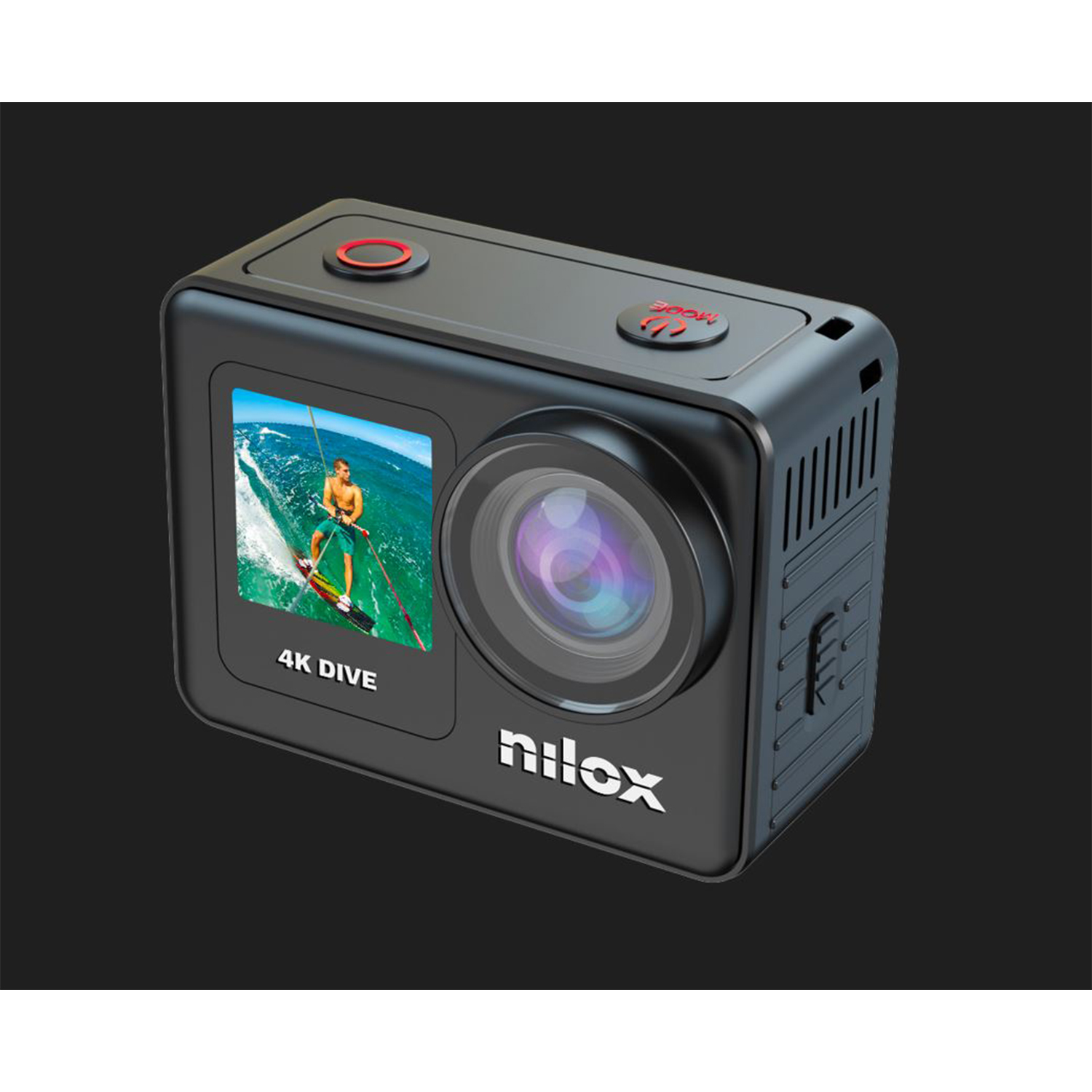 Una fotocamera Nilox nera con schermo che mostra il surf.