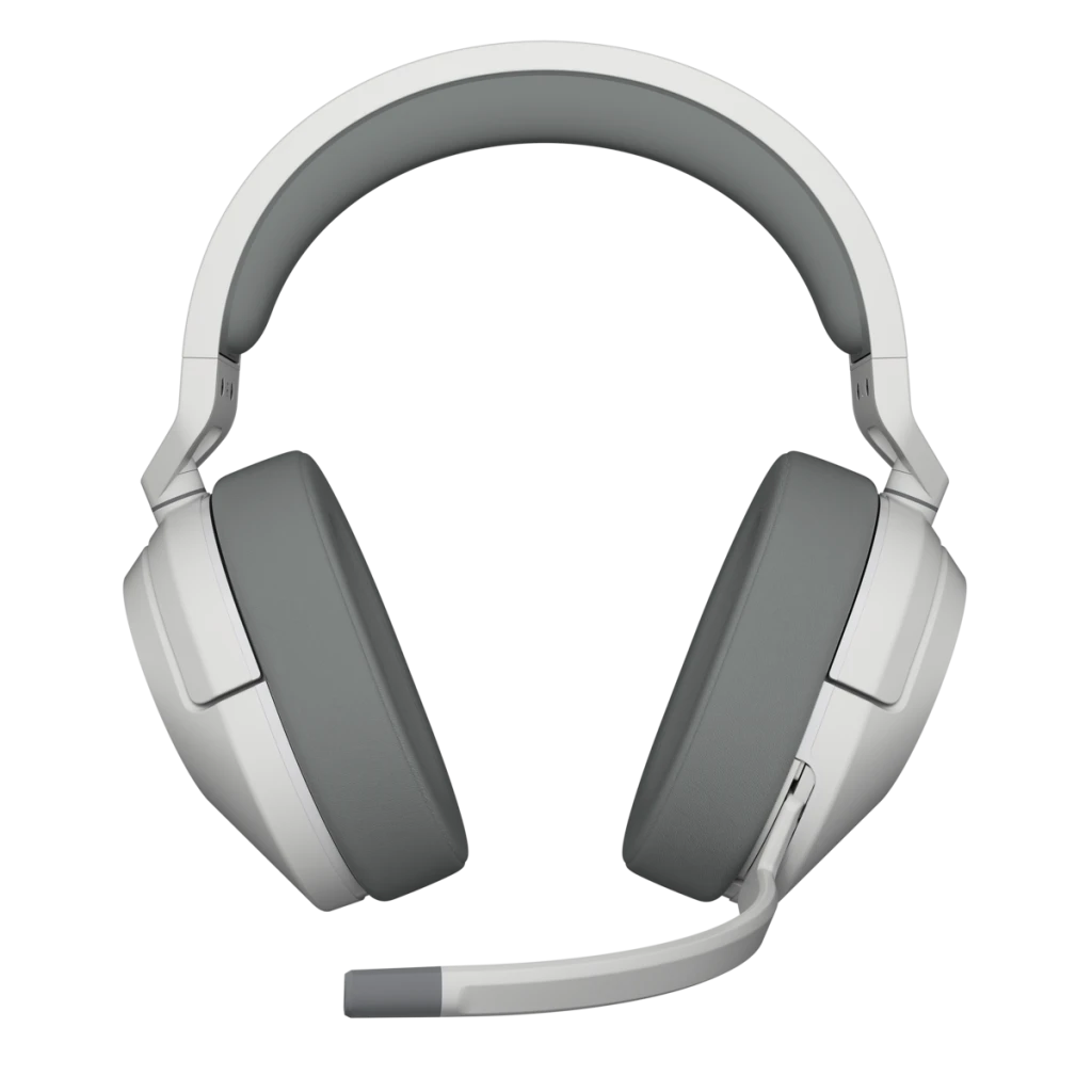 Fehér-szürke gamer headset mikrofonnal. A háttér fekete.
