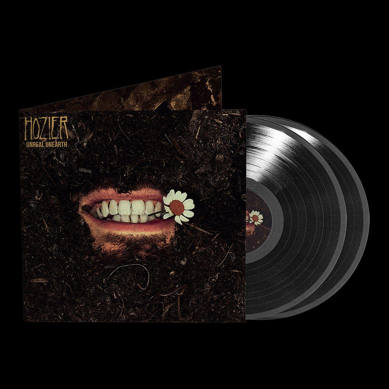 Egy bakelit album borítója, egy szájjal a földben, amely egy virágot tart, és két fekete lemezzel.
