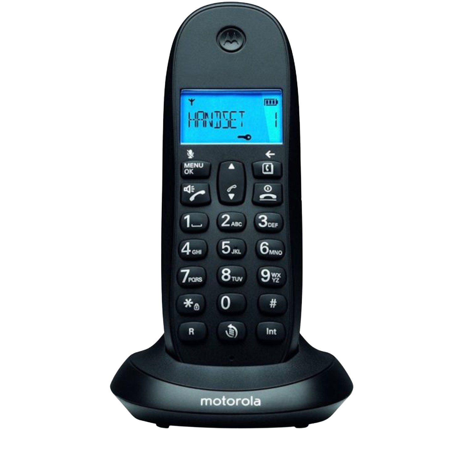 Zwarte Motorola draadloze telefoon op een zwart basisstation met blauw display. Zwarte achtergrond.