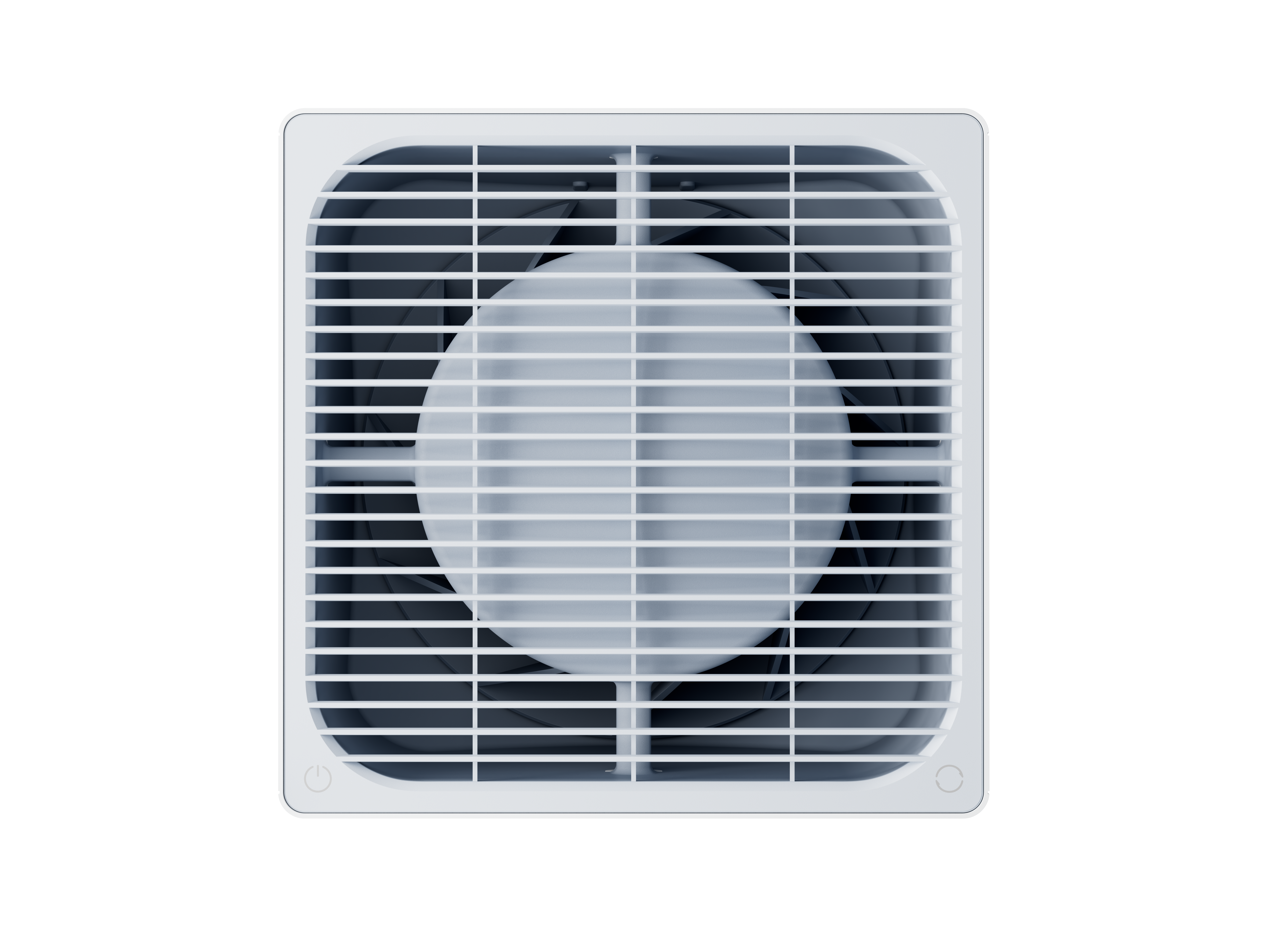 Beyaz ızgaralı ve iç kısımda koyu renk kanatları olan kare bir fan.