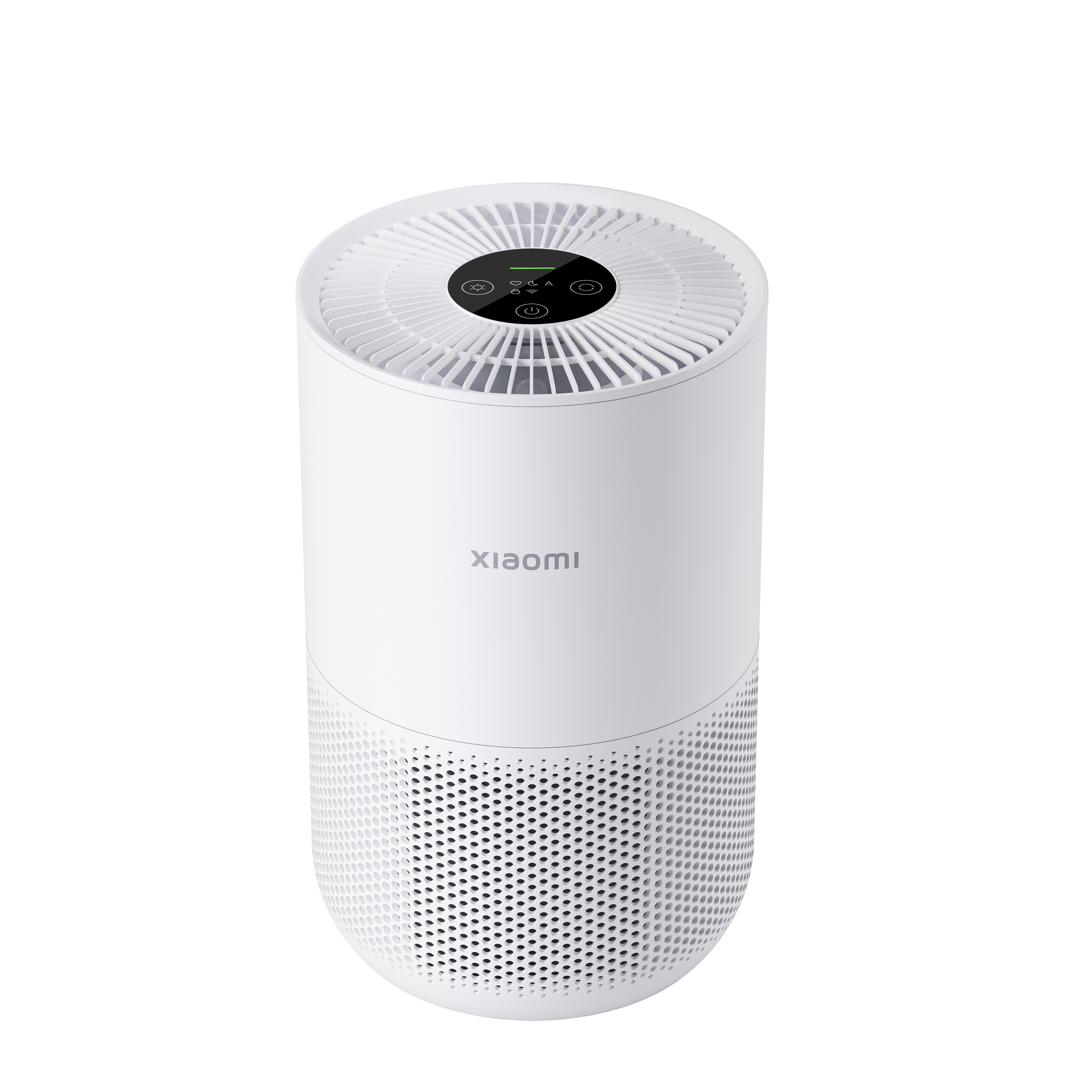 Üstünde bir kontrol paneli ve önünde Xiaomi logosu bulunan beyaz silindirik bir hava temizleyici.