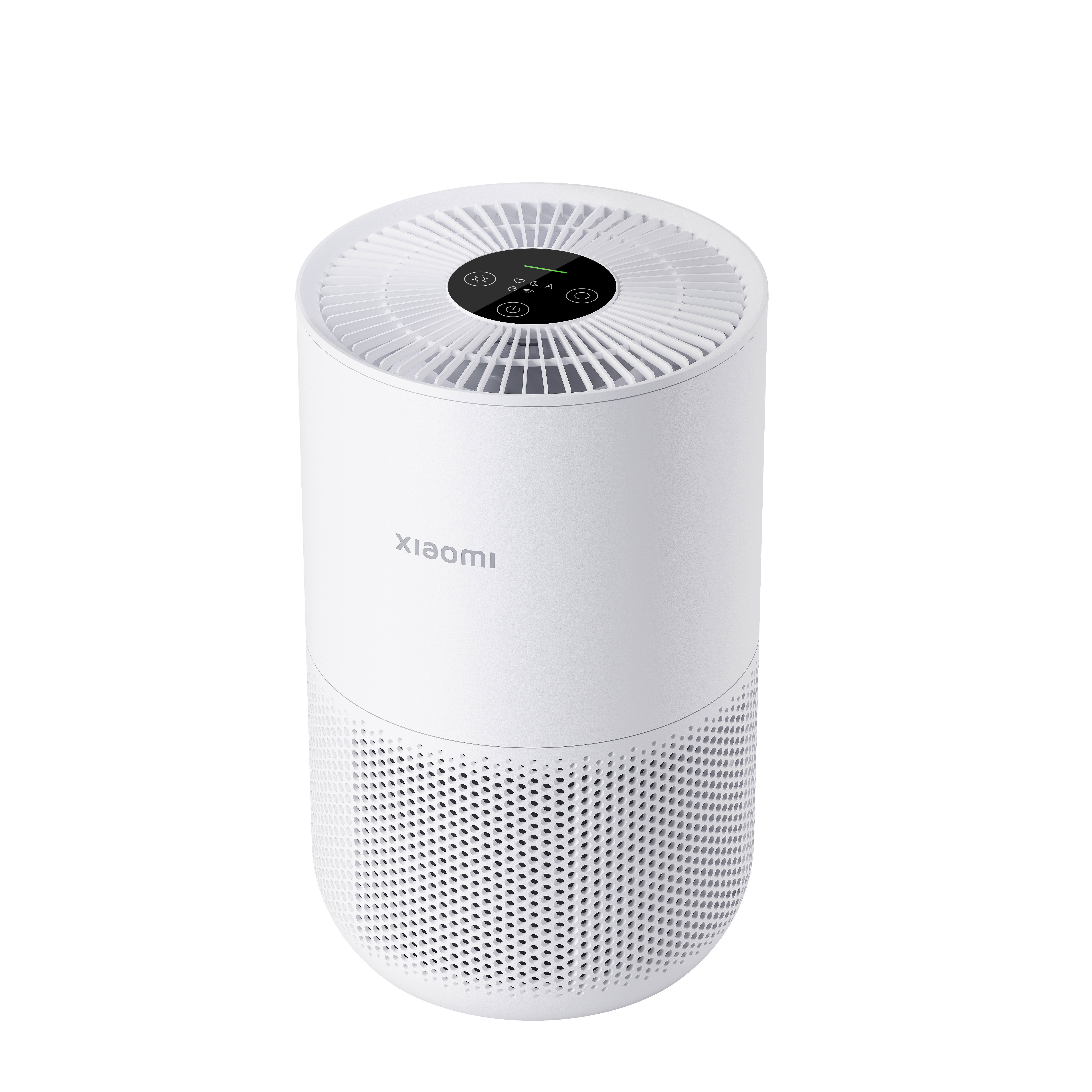 Ön yüzünde 'xiaomi' yazan ve üstünde bir kontrol paneli bulunan beyaz, silindirik bir hava temizleyici.