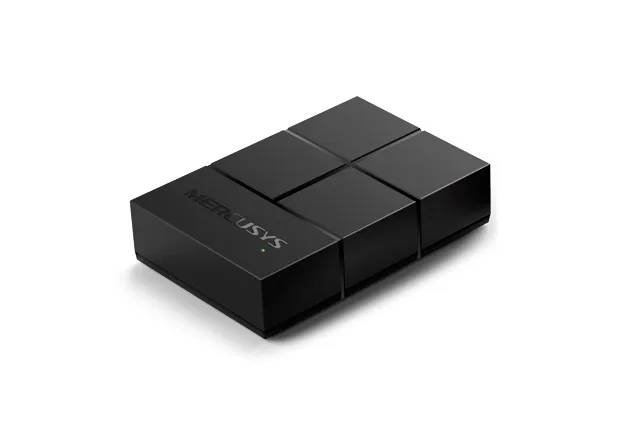 Dispositivo MERCUSYS rectangular negro con seis cuadrados. Fondo blanco.