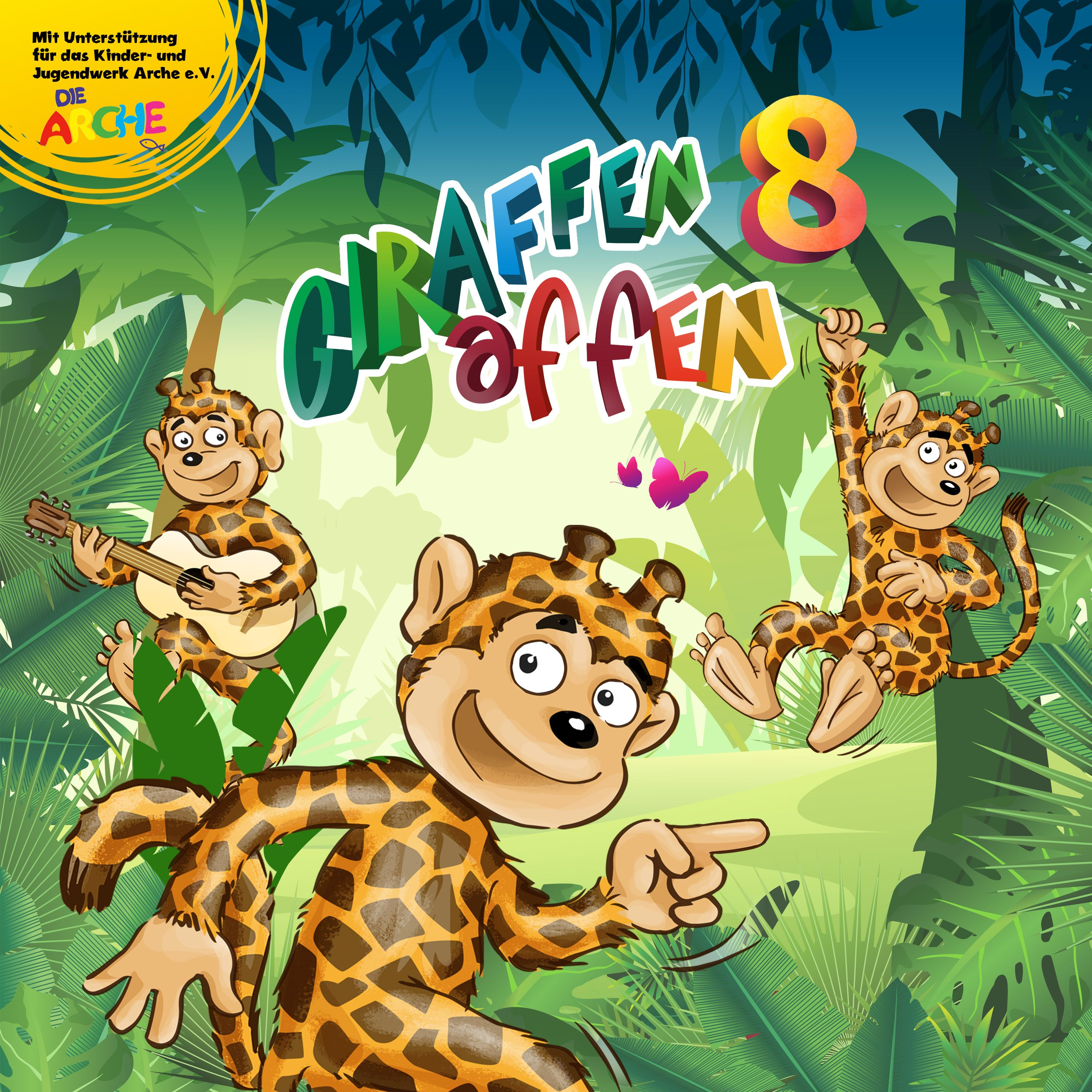 Cartoon-Bild mit 3 Giraffen und Affen in einer Dschungel-Umgebung, mit Text.