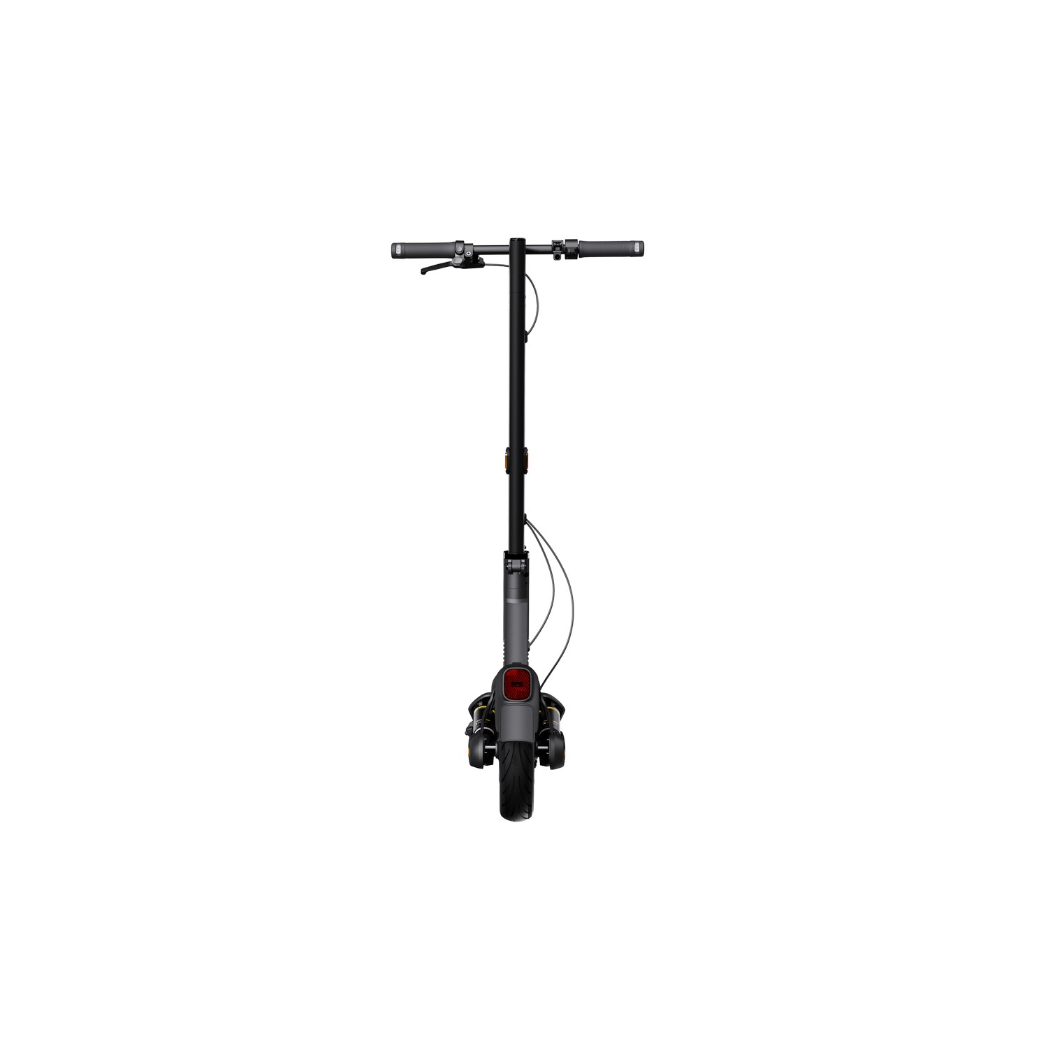 Trottinette de face. Corps, guidon et roue noirs. Fond blanc.