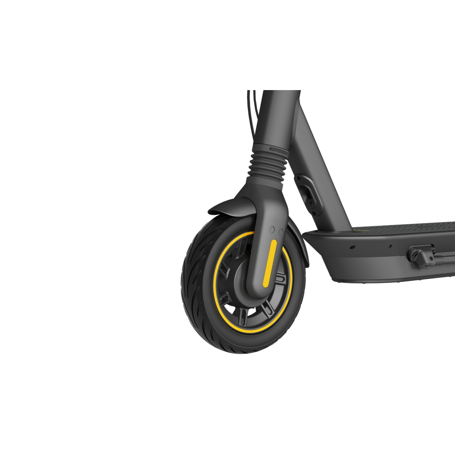 Gros plan sur la roue avant d'une trottinette électrique noire et jaune sur fond blanc.