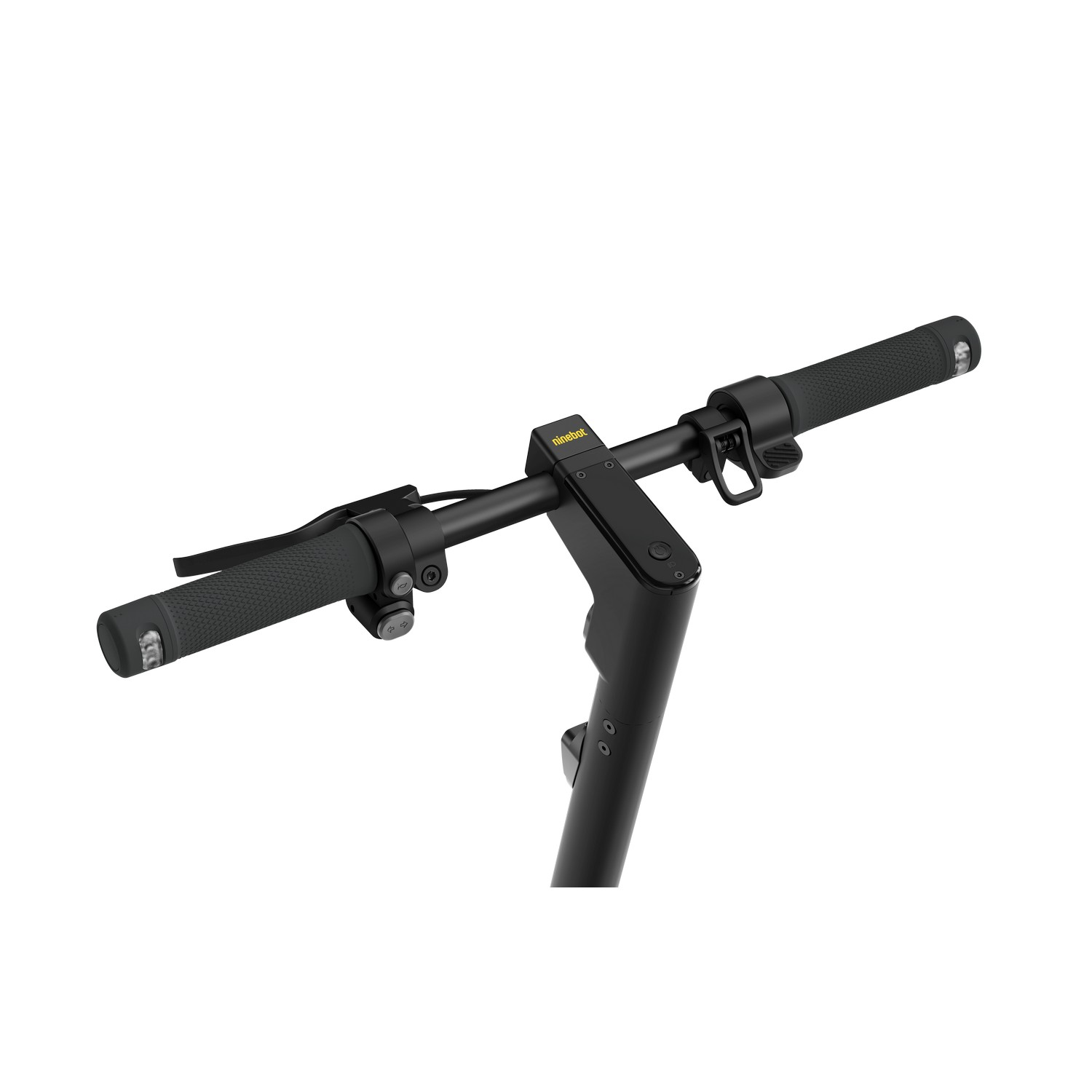 Gros plan sur le guidon d'une trottinette noire. Avec poignées, leviers et écran.