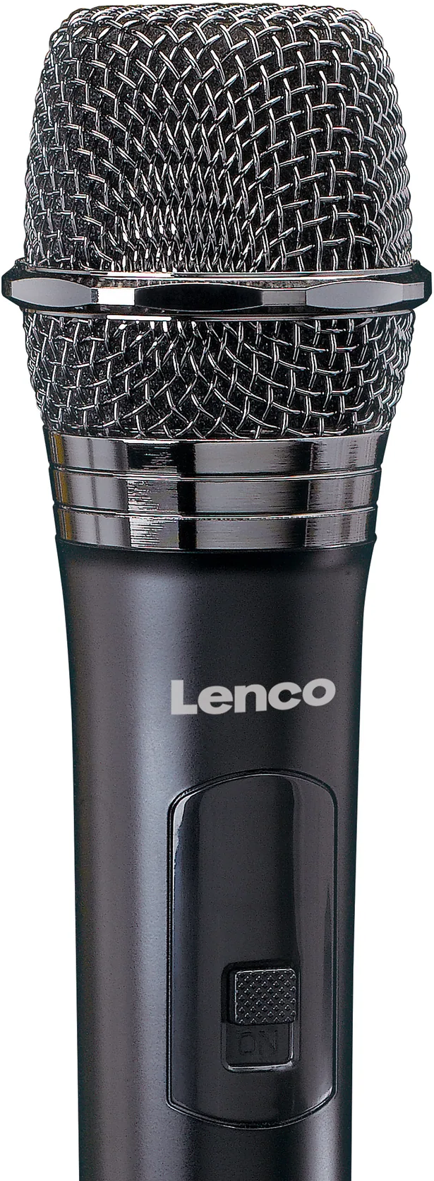 Ein schwarzes Mikrofon mit silbernem Netzgitterkopf und Lenco-Logo.
