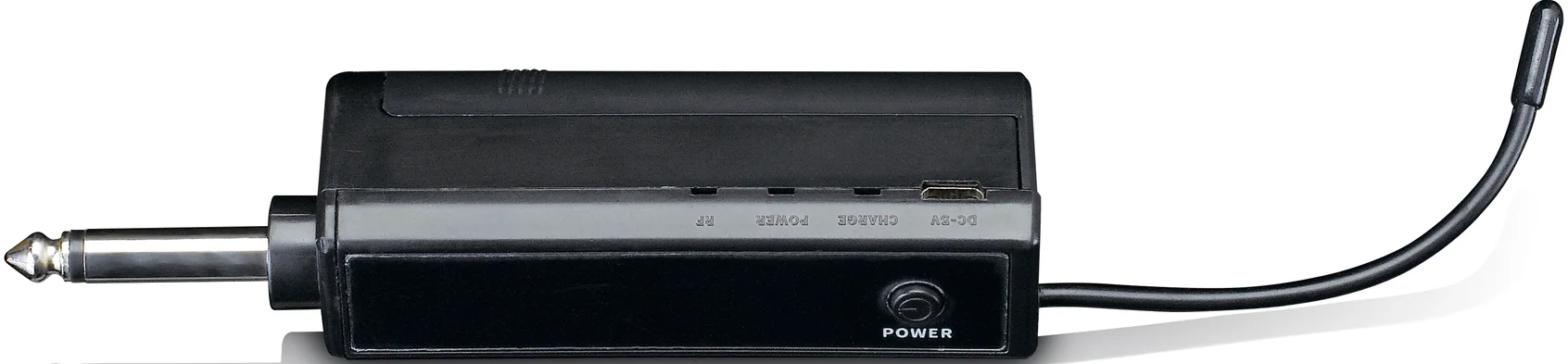 Ein schwarzer drahtloser Gitarrenempfänger mit Power-Taste und verschiedenen Anschlüssen.