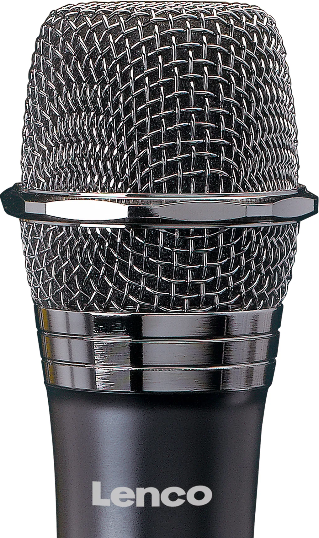 Nahaufnahme eines schwarzen Mikrofons mit Metallgitterkopf, Lenco-Logo am Fuß.