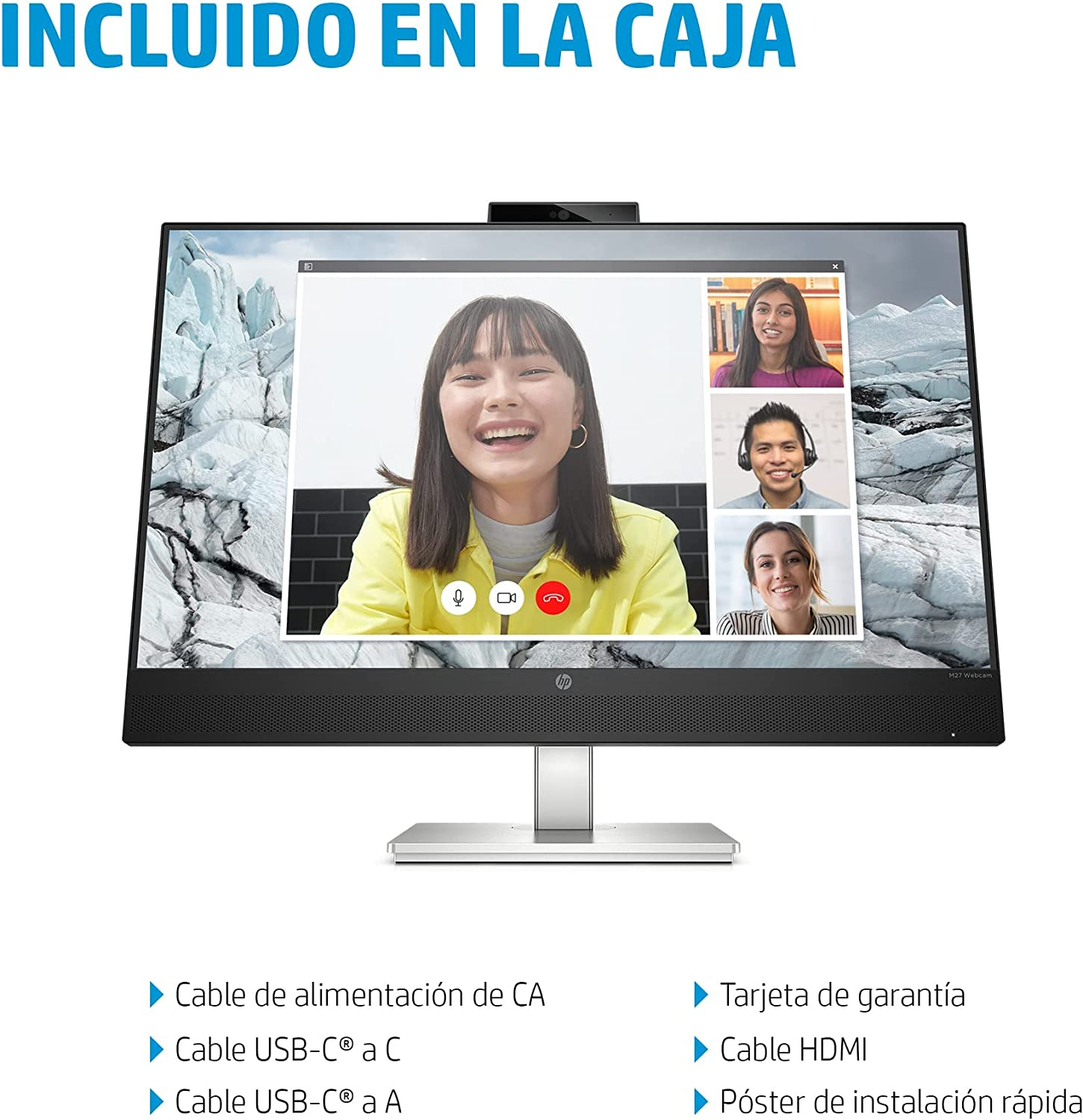 Monitor - HP M27, 27", Full HD, 5 ms, 75 Hz, USB Type-C®, HDMI, IPS, Micrófono, cámara web, Eyesafe®, Negro