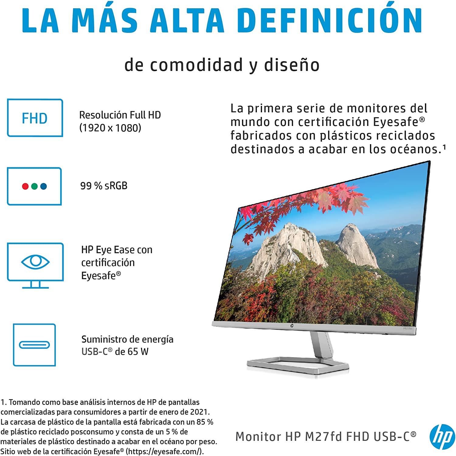 Monitor - HP M27fd, 27", Full HD, 5 ms, 75 Hz, 1 SuperSpeed USB Type-C®, IPS, Eyesafe®, Plata