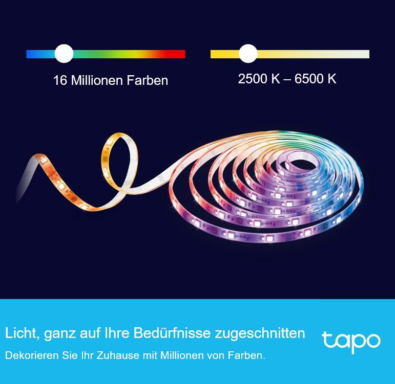 LED-Streifen mit Farbverläufen. Text sagt '16 Millionen Farben' und '2500 K - 6500 K'. Tapo-Logo unten.