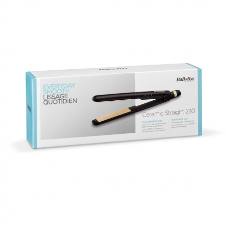 Babyliss hajvasaló doboza, fehér háttér, 'Everyday Smooth' és 'Ceramic Straight 230' felirat.