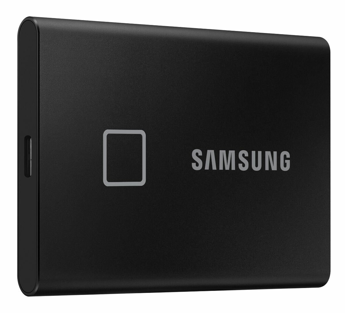 Czarny przenośny dysk SSD Samsung z czujnikiem linii papilarnych i marką.