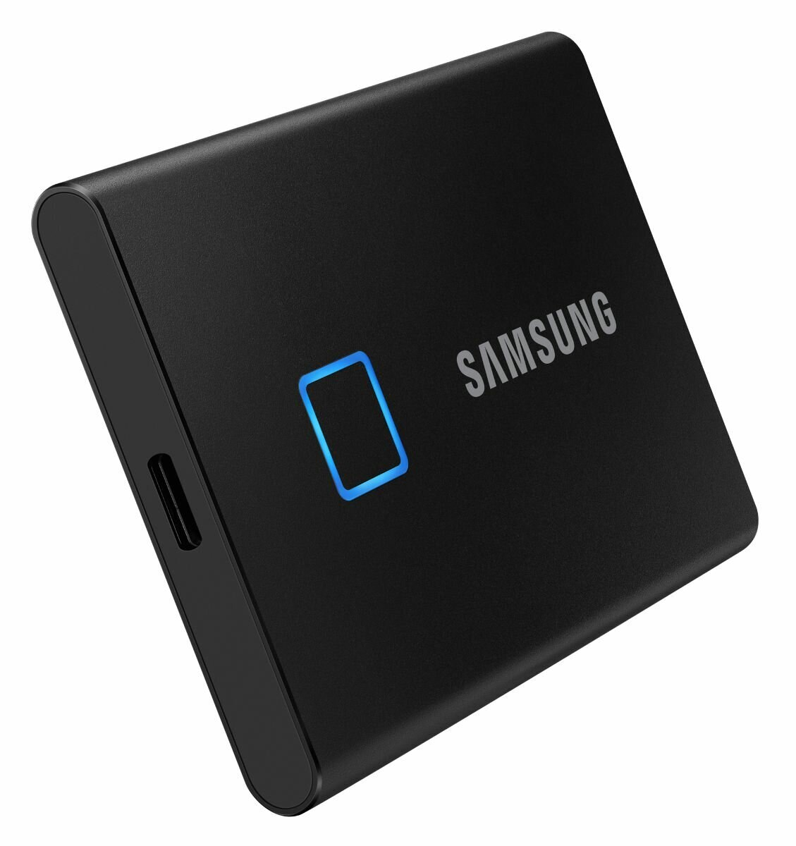 Czarne prostokątne urządzenie z napisem SAMSUNG i niebieskim kwadratem świetlnym. Jest pod kątem.