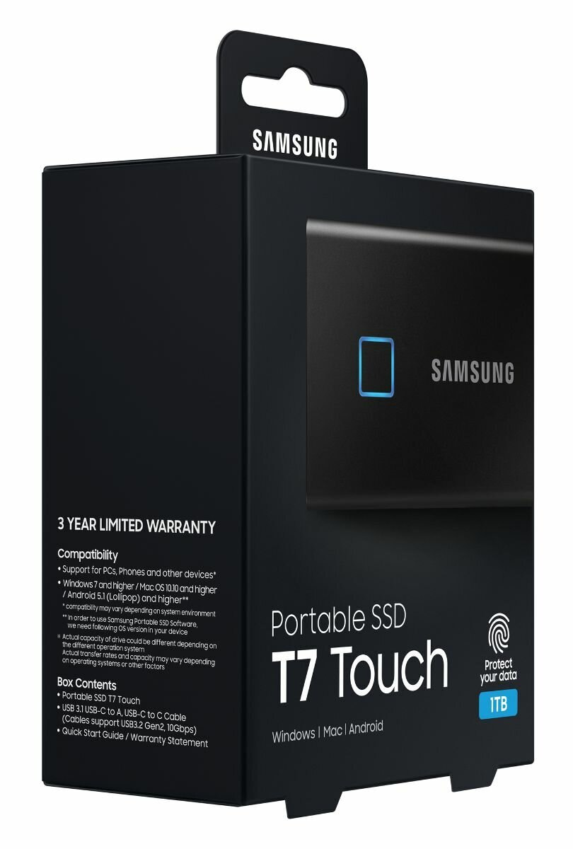 Czarne pudełko przenośnego dysku SSD Samsung T7 Touch z produktem i funkcjami.
