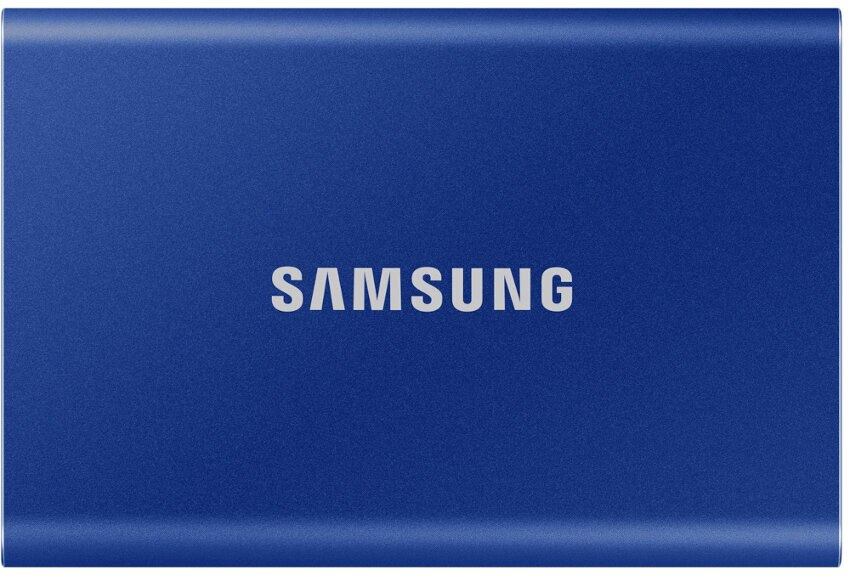 Niebieski zewnętrzny dysk twardy Samsung. Słowo "SAMSUNG" jest napisane na biało.