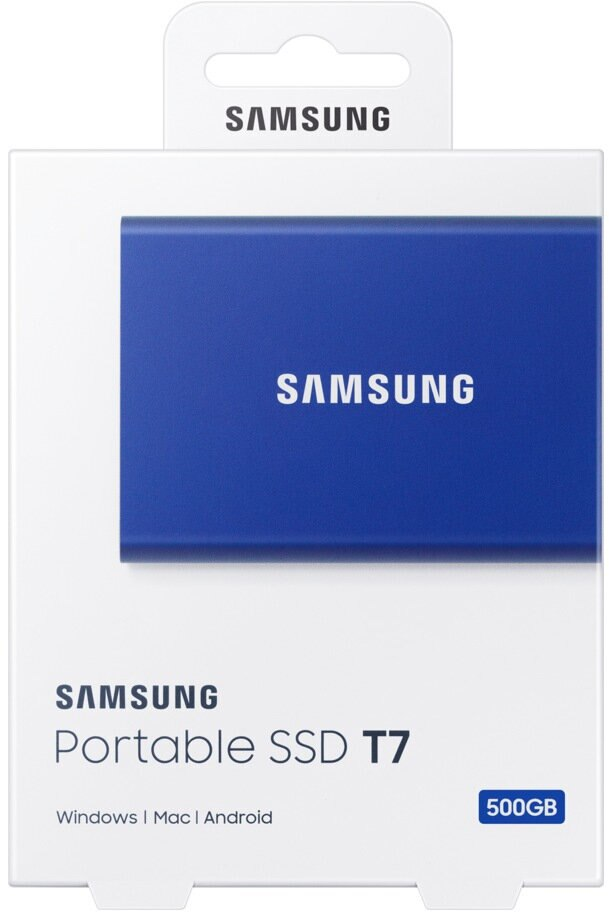 Niebieski przenośny dysk SSD Samsung T7 w białym pudełku.