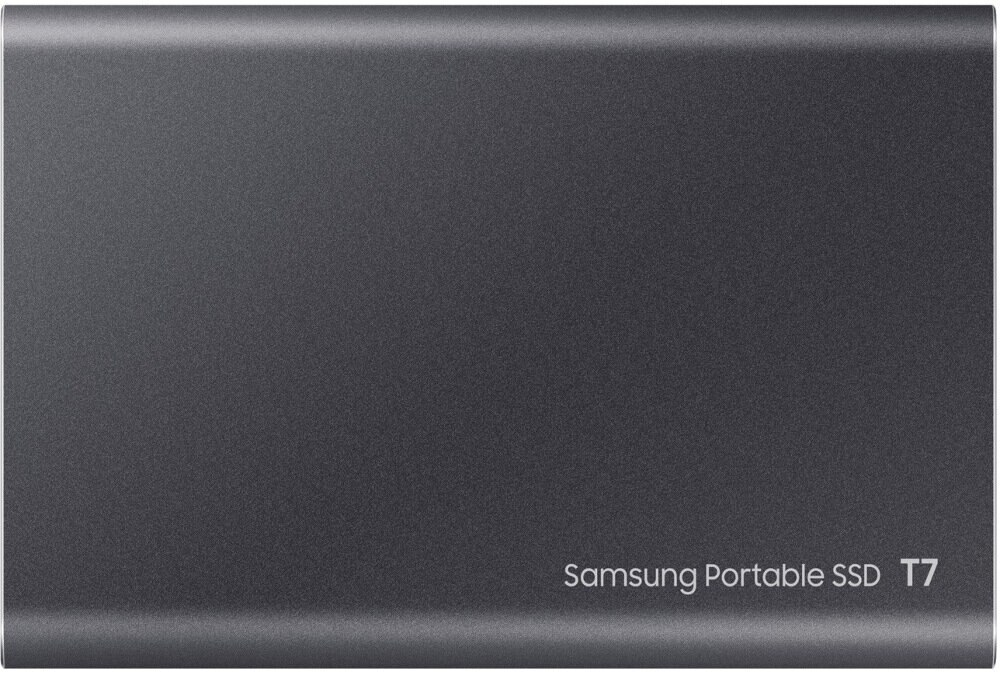 Szary przenośny dysk SSD Samsung z napisem Samsung Portable SSD T7.
