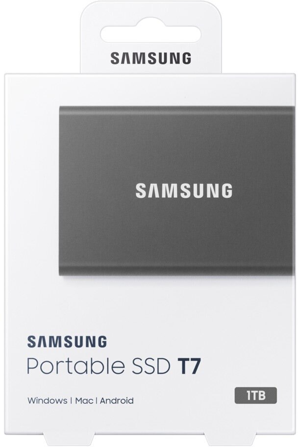 Białe pudełko SSD z szarym SSD w środku. Logo Samsung na pudełku i SSD.