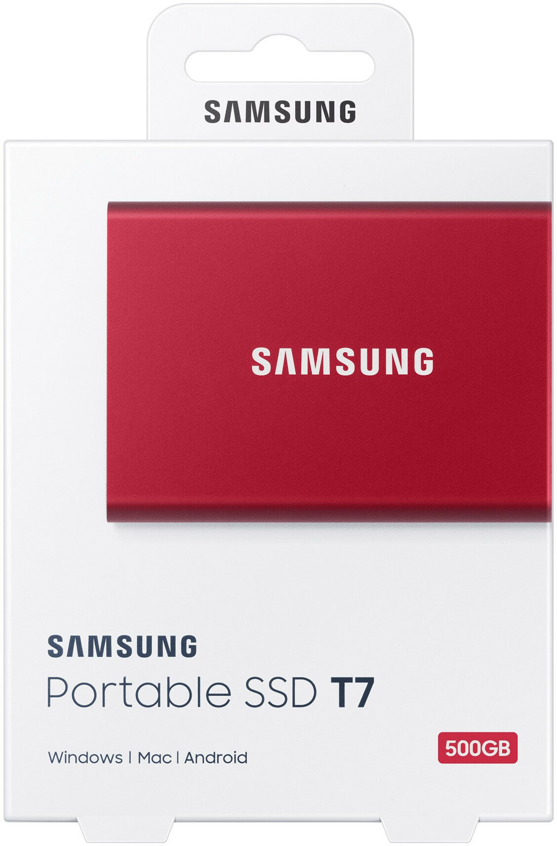 Czerwony przenośny dysk SSD Samsung T7 w białym opakowaniu.