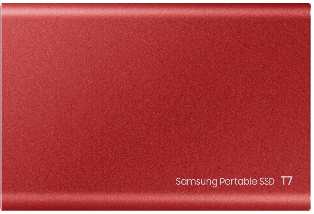 Czerwony przenośny dysk SSD Samsung, małe prostokątne urządzenie.
