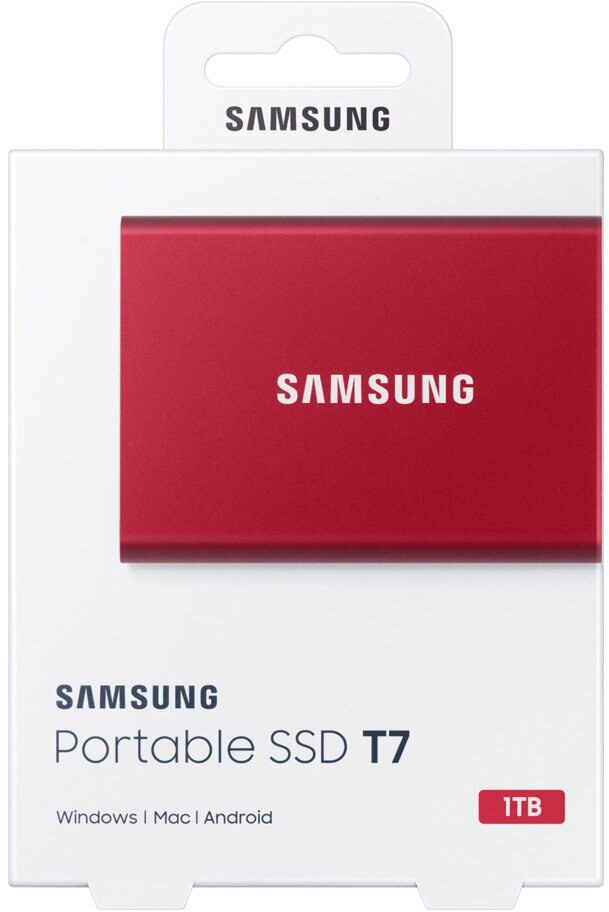Czerwony przenośny dysk SSD Samsung T7 w białym opakowaniu z logo Samsung.