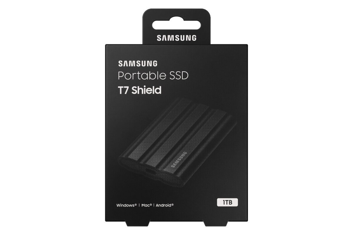 Czarne opakowanie Samsung Portable SSD T7 Shield na białym tle z etykietą 1 TB.