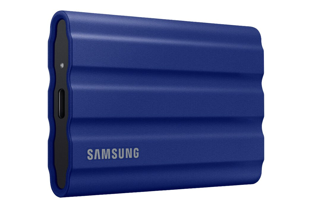 Niebieski zewnętrzny dysk twardy Samsung. Żebrowana tekstura, z logo Samsung.