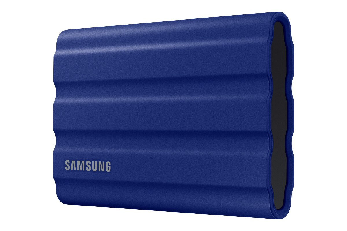 Niebieski przenośny dysk SSD Samsung z żebrowanym wzorem i logo Samsung.